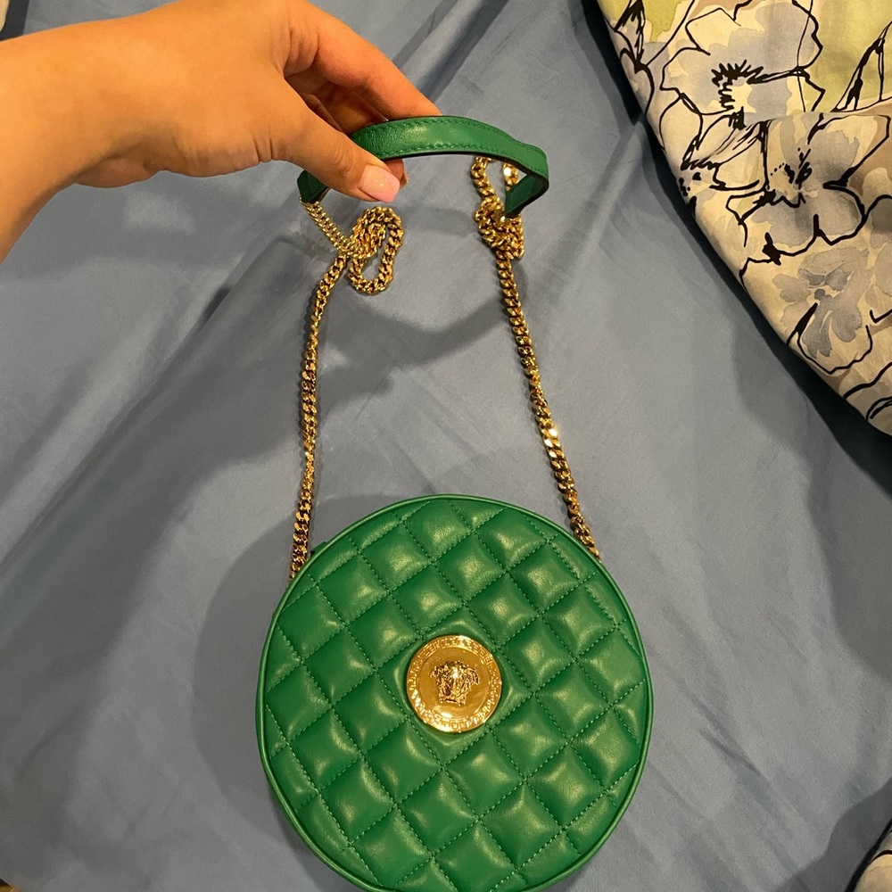 Emerald Green Versace 1002866 quilted leather crossbody with gold medusa logo